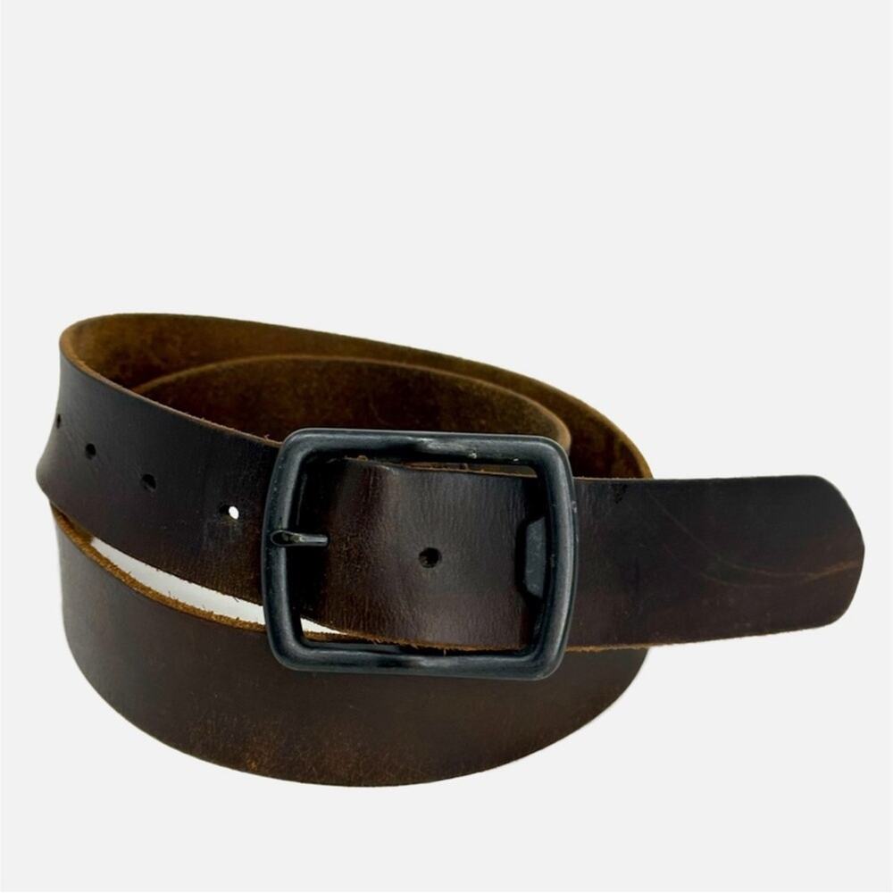Vintage Oiled Leather Black Buckle Saddle Leather Belt - OILED BROWN